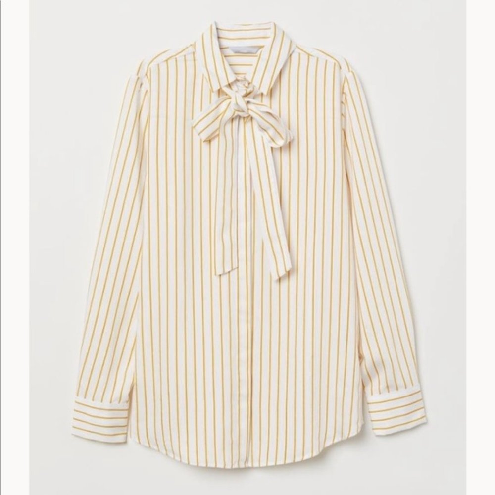 H&M Yellow White Stripe Bow Tie Long Sleeve Blouse